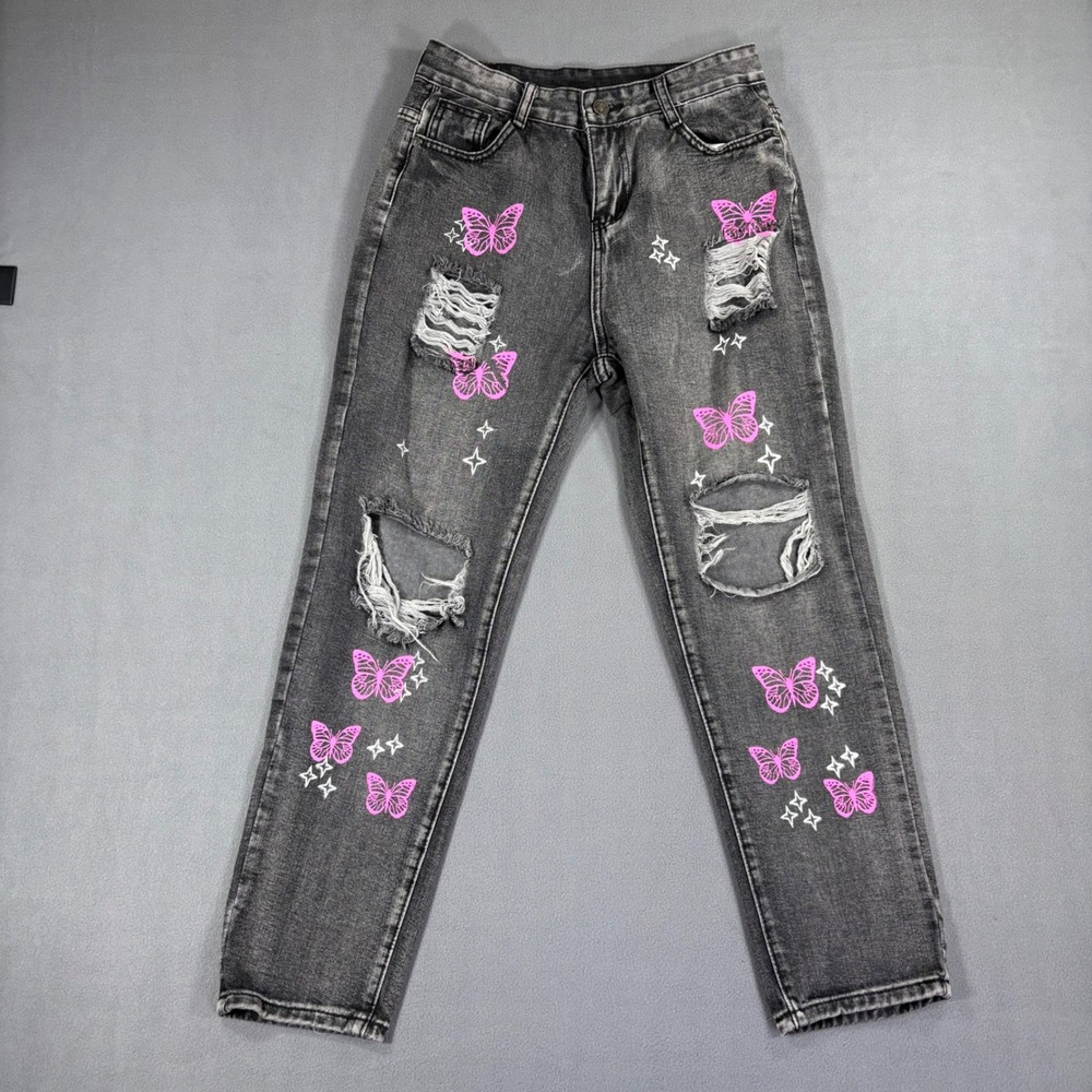 Surprise Butterfly Distressed Jeans Women Size M Black Excellent Y2K Grunge